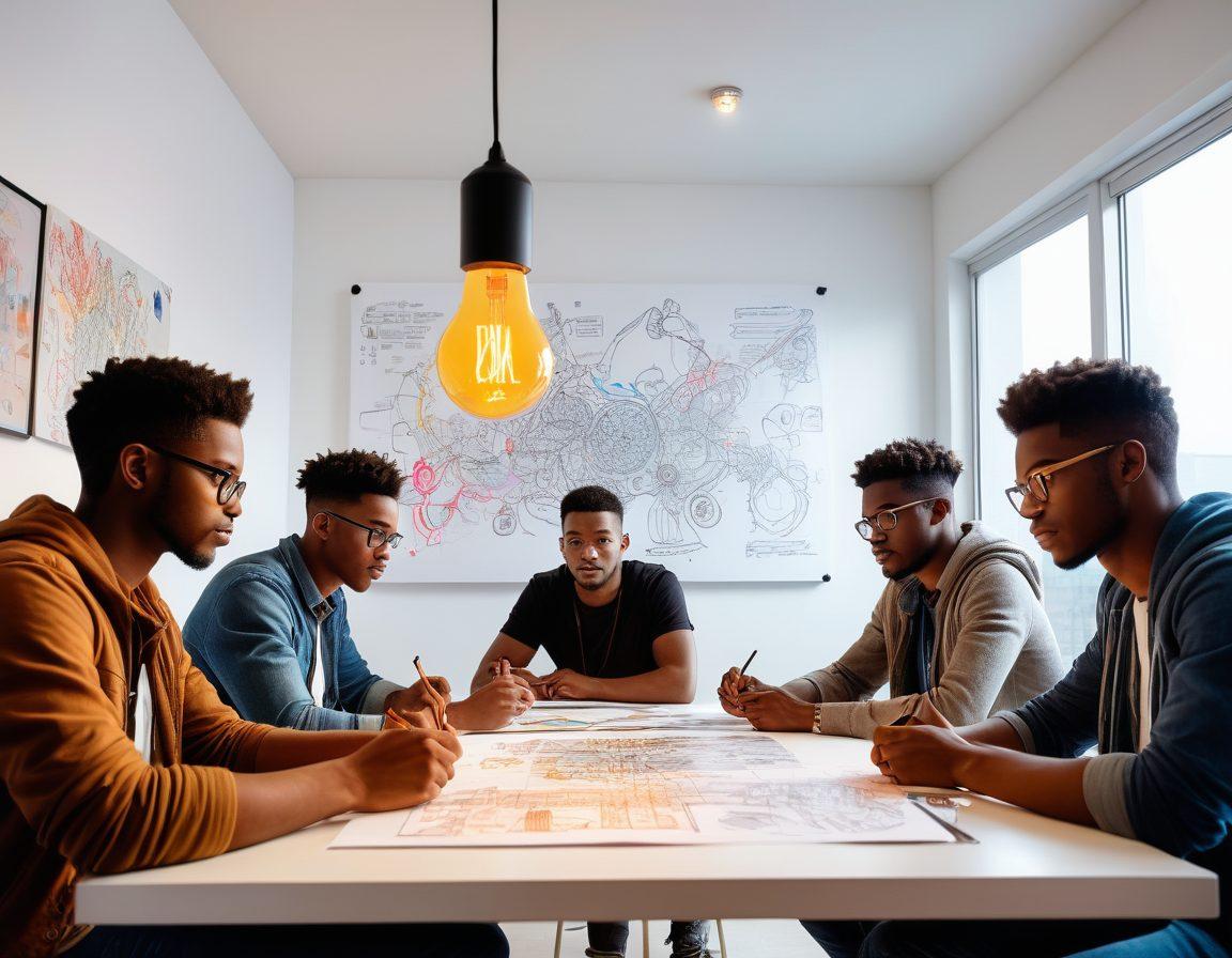 A dynamic scene featuring a diverse group of aspiring game developers brainstorming around a table, surrounded by sketches and laptops showcasing game art and coding. In the background, colorful game character designs and graphics float in the air, symbolizing creativity and innovation. A glowing light bulb above their heads represents inspiration. Super-realistic. Vibrant colors. White background.