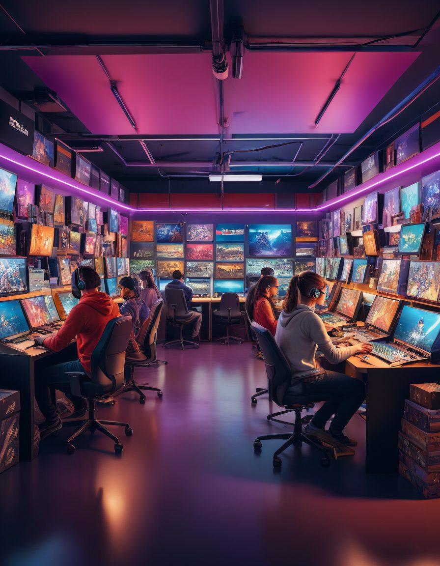 A vibrant scene of a diverse group of gamers engaged in different genres, from indie titles to competitive esports, showcasing colorful game consoles and PCs. Include elements representing the marketplace, like game boxes and digital storefronts, intertwined with a lively community atmosphere, highlighting collaboration and competition. Use bold colors and dynamic poses to express excitement. super-realistic. vibrant colors. 3D.