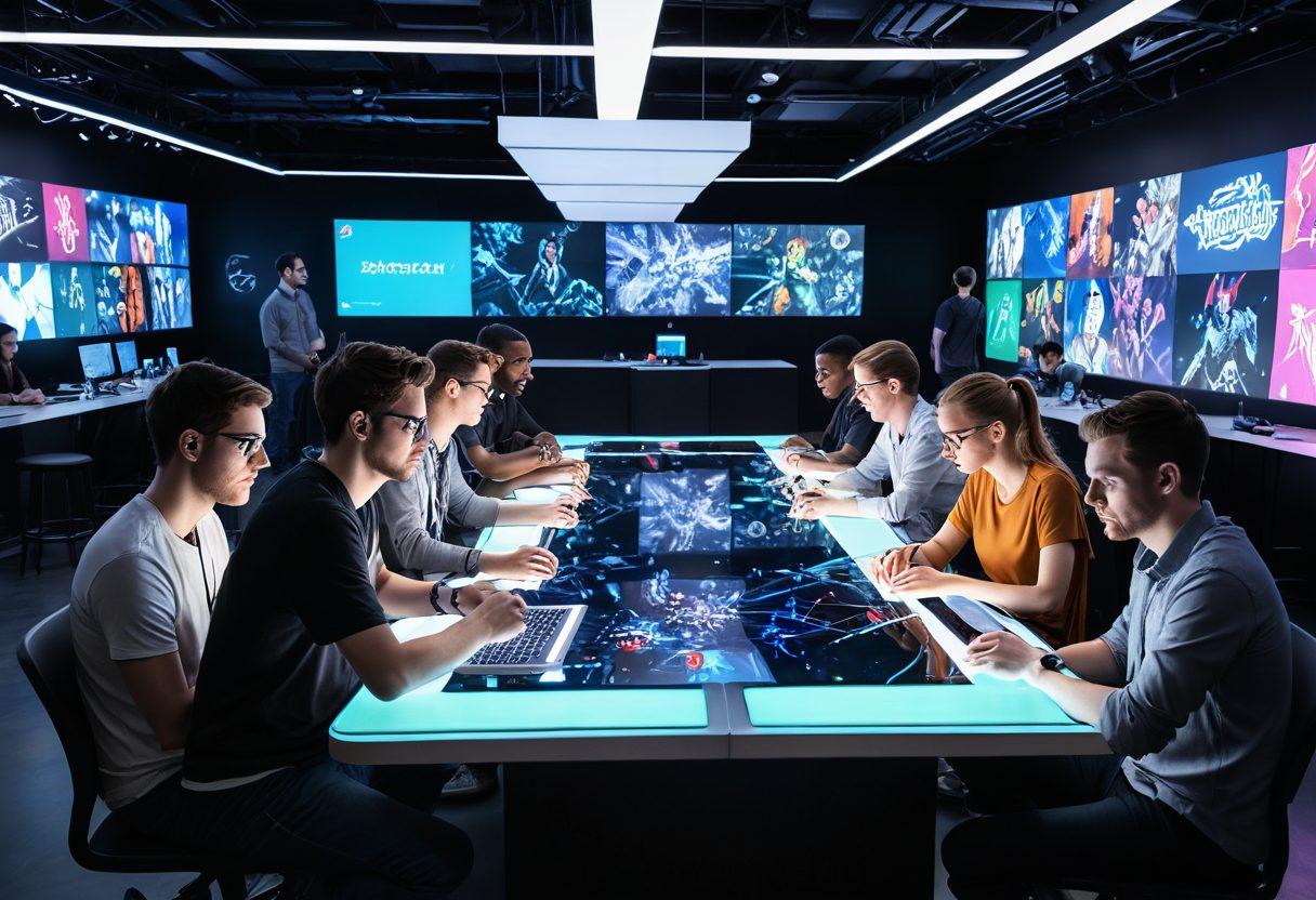 A dynamic scene showcasing a diverse group of game developers brainstorming ideas around a futuristic table filled with digital sketches and holographic displays. In the background, colorful whimsical game characters and environments come to life, representing various innovative game genres. The atmosphere is vibrant and energetic, with soft glowing lights that enhance the creative vibe. super-realistic. vibrant colors. 3D.